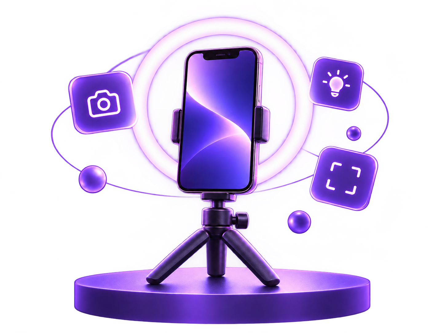 Celular montado em um tripé de mesa com ring light e ícones flutuantes de câmera, luz e enquadramento