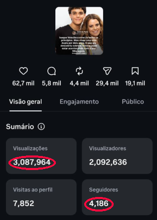Insights do carrossel: 3.087.964 visualizações e 4.186 novos seguidores